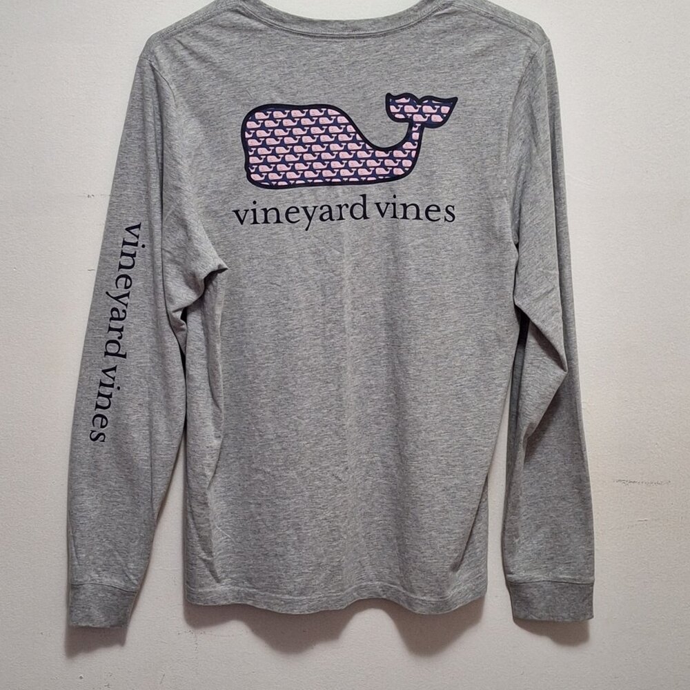 Vineyard Vines Classic Whale Long-Sleeve Pocket Tee, Grey Heather/Pink, Sz XL/18